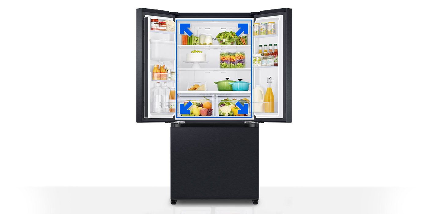 Lodówka Multidoor Samsung RF50C530EB1 na zdjęciu pokazującym zwiększoną przestrzeń do przechowywania żywności Lodówka Multidoor Samsung RF50C530EB1 na zdjęciu pokazującym zwiększoną przestrzeń do przechowywania żywności