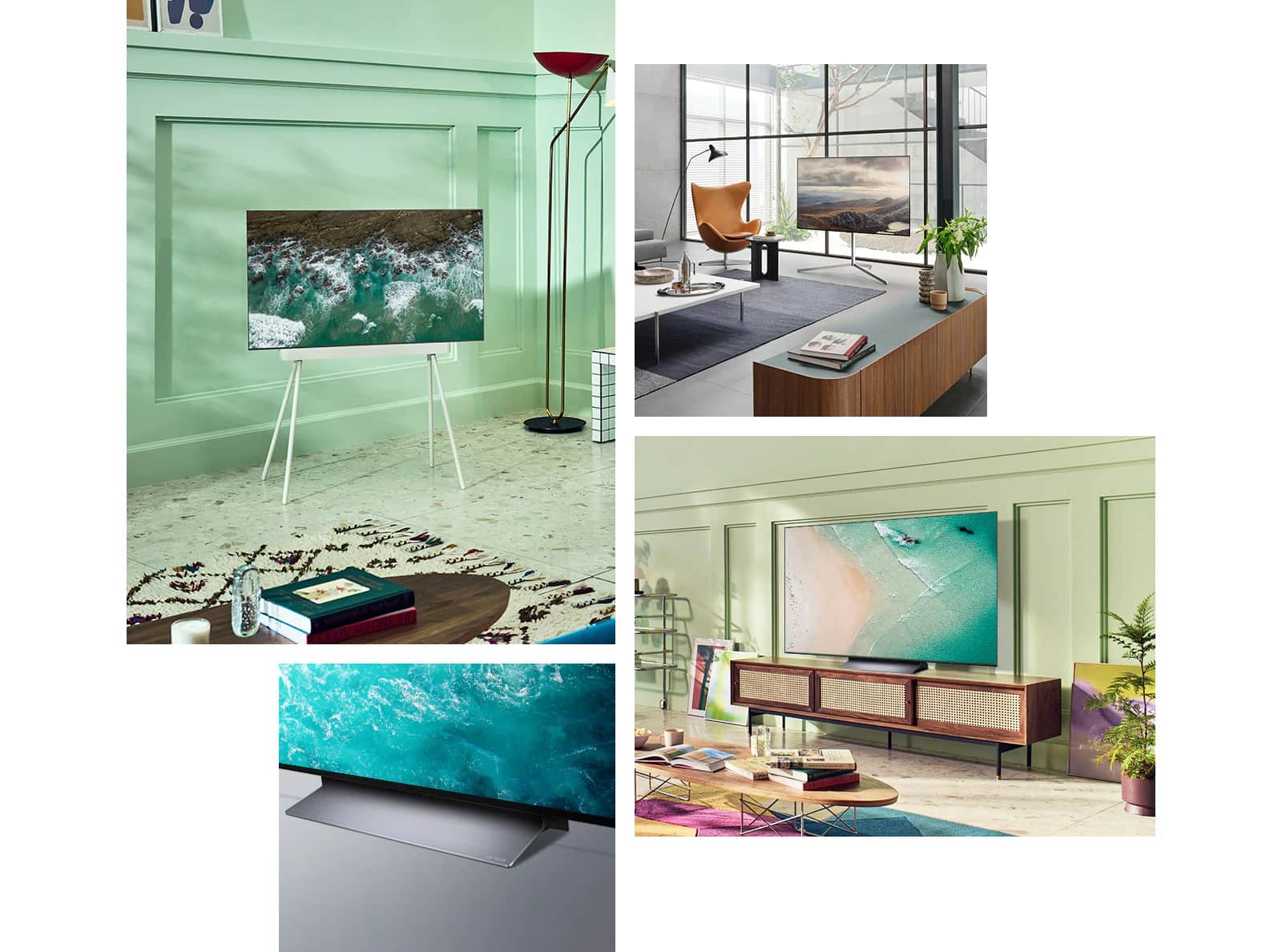 Telewizor LG OLED C2 wisi na ścianie w salonie, w którym znajdują się rośliny, stosy książek i staromodna szafka. Telewizor LG OLED C2 wisi na ścianie w minimalistycznie urządzonym pokoju obok szafki z jednokolorowymi ozdobami. Widok z boku podstawy telewizora LG OLED C2. Telewizor LG OLED C2 stoi na podstawie w kolorowym salonie obok stosu książek. Telewizor LG OLED C2 stoi na podstawie w pokoju w kolorze terakoty obok dwóch skórzanych krzeseł do jadalni z dopasowanym podnóżkiem i tkanym chodnikiem.