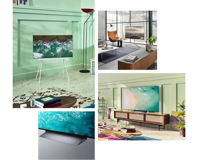 Telewizor LG OLED C2 wisi na ścianie w salonie, w którym znajdują się rośliny, stosy książek i staromodna szafka. Telewizor LG OLED C2 wisi na ścianie w minimalistycznie urządzonym pokoju obok szafki z jednokolorowymi ozdobami. Widok z boku podstawy telewizora LG OLED C2. Telewizor LG OLED C2 stoi na podstawie w kolorowym salonie obok stosu książek. Telewizor LG OLED C2 stoi na podstawie w pokoju w kolorze terakoty obok dwóch skórzanych krzeseł do jadalni z dopasowanym podnóżkiem i tkanym chodnikiem.