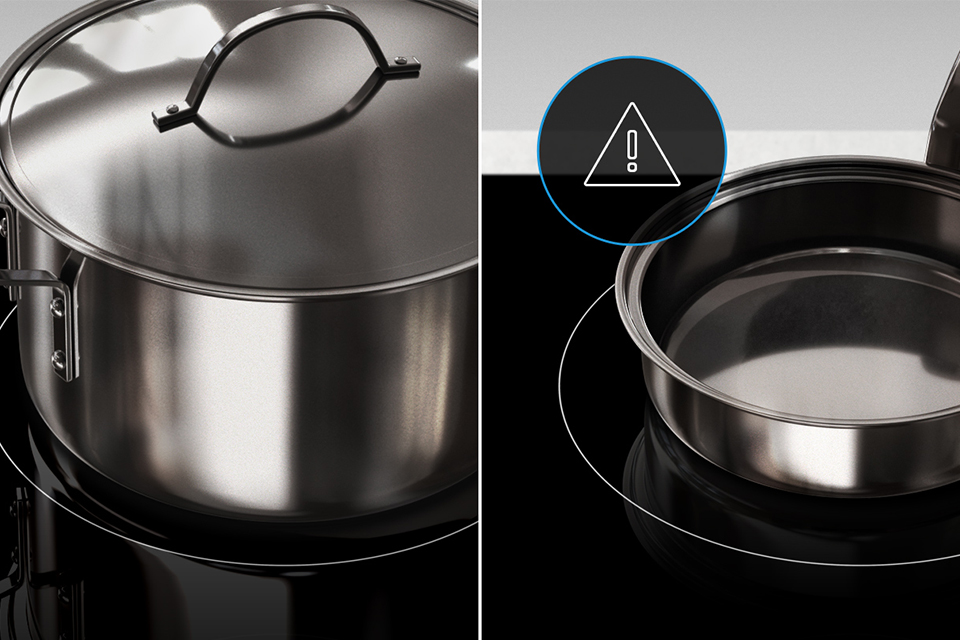 Auto Pan Detector Dwa garnki z ikonką ze znakiem ostrzegawczym na płycie indukcyjnej Samsung NZ64H37070K