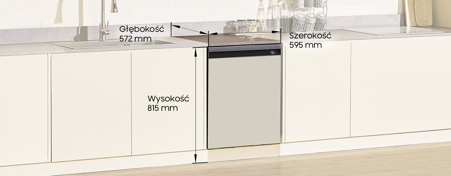 Wymiary zmywarki - głębokość, szerokość i wysokość Zmywarka BeSpoke DW60BB890UAPET z podaną głębokością, wysokością oraz szerokością