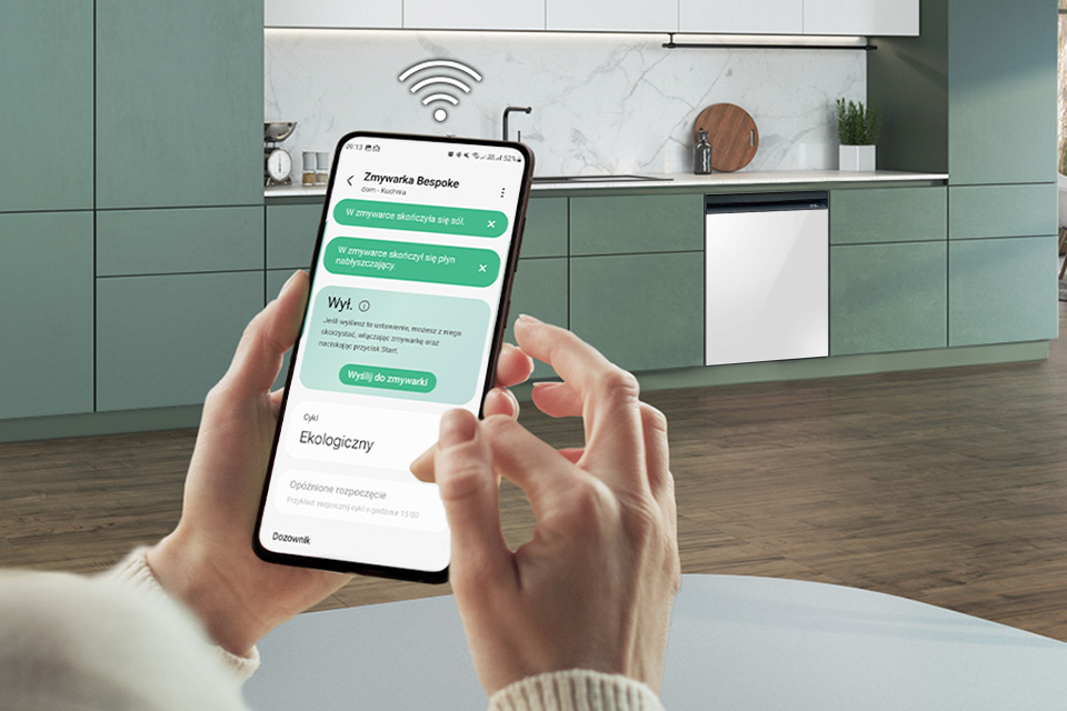 Monitorowanie urządzenia za pomocą smartfona Smartfon pozwalający obsługiwać zmywarkę BeSpoke DW60BB890UAPET