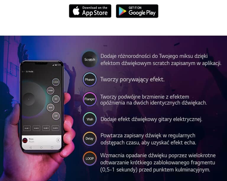 Aby wyrazić, że dźwięk wychodzi z produktu, jakby ten był DJ-em korzystającym z aplikacji XBOOM, pokazano zdjęcie ręki trzymającej telefon z widocznym ekranem aplikacji DJ i ukazanymi funkcjami obok.