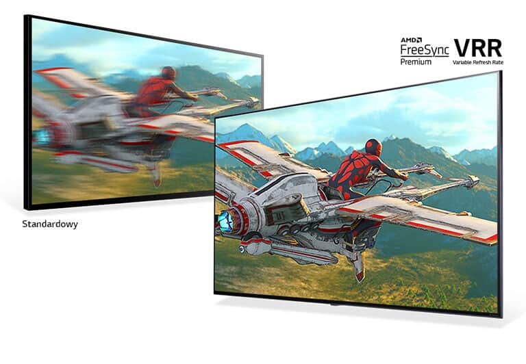 Dwa telewizory pokazują sceny z gry wyścigowej. Obraz z konwencjonalnego telewizora jest niewyraźny, obraz na ekranie telewizora z technologiami AMD FreeSync i VRR jest ostry.
