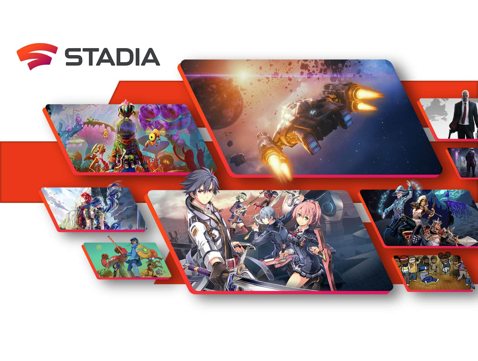 Obraz przedstawiający logo STADIA i wstawki ukazujące sceny i postaci z kilku gier wideo.