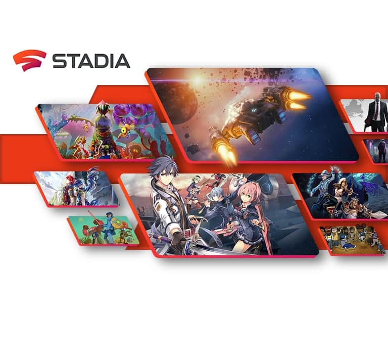 Obraz przedstawiający logo STADIA i wstawki ukazujące sceny i postaci z kilku gier wideo.
