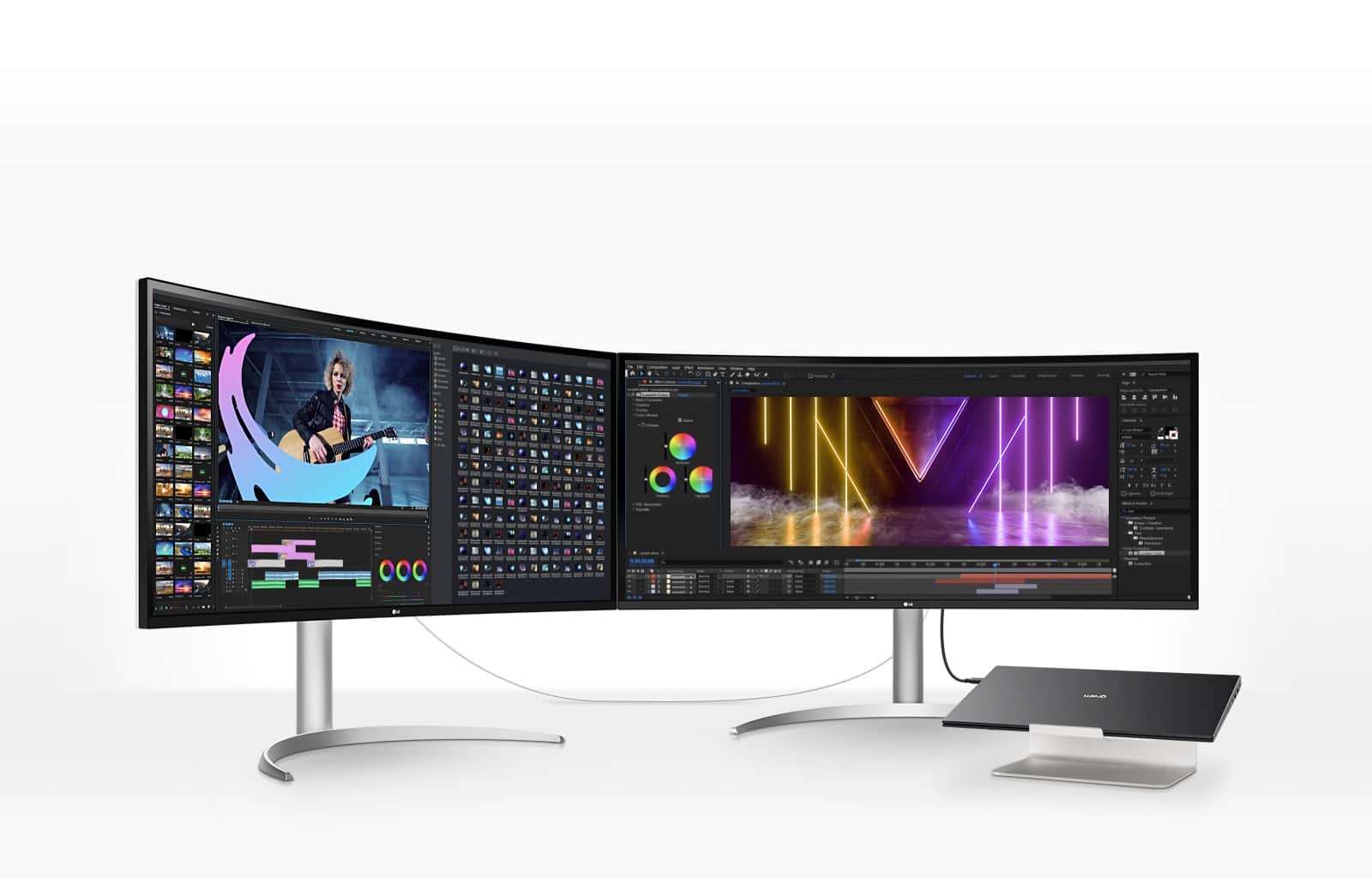 Łączenie szeregowe przez porty Thunderbolt™ i DisplayPort umożliwia stworzenie stacji roboczej do wydajnej pracy.