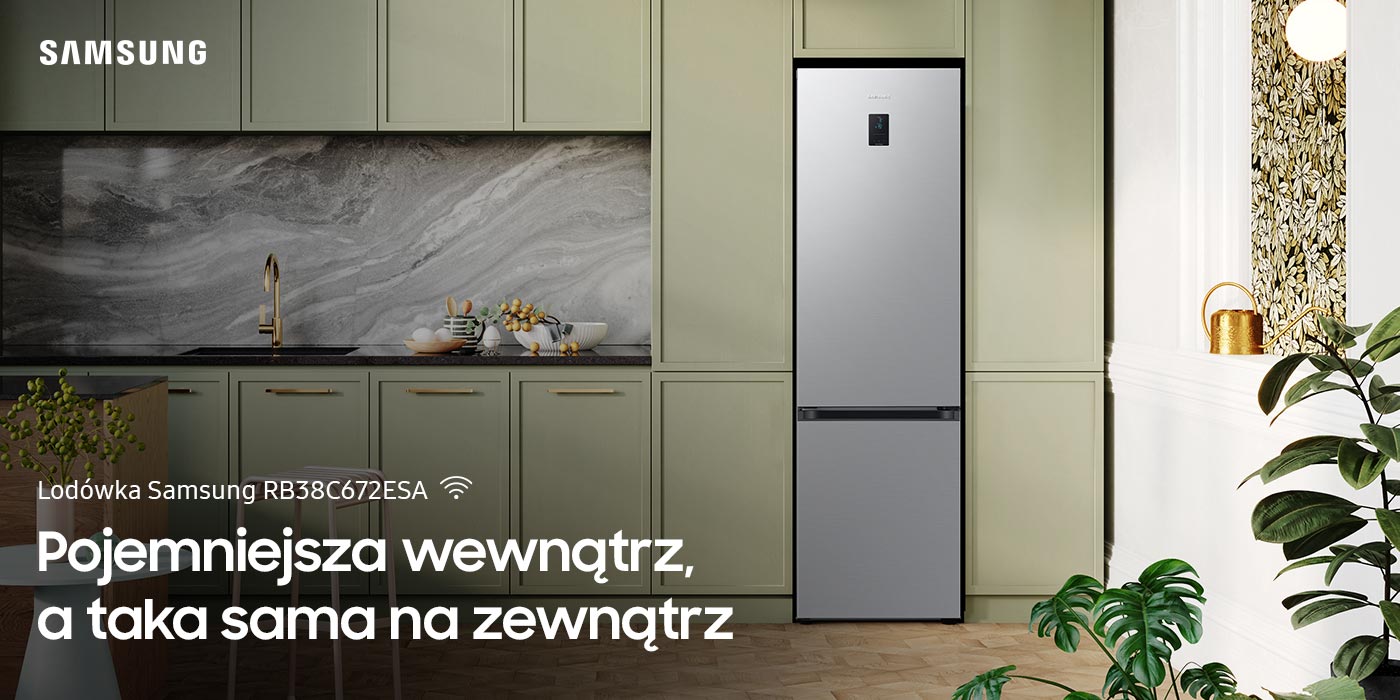 Lodówka Samsung Grand+ RB38C672ESA z zewnętrznym wyświetlaczem pokazana w nowocześnie urządzonej kuchni Lodówka Samsung Grand+ RB38C672ESA z zewnętrznym wyświetlaczem pokazana w nowocześnie urządzonej kuchni