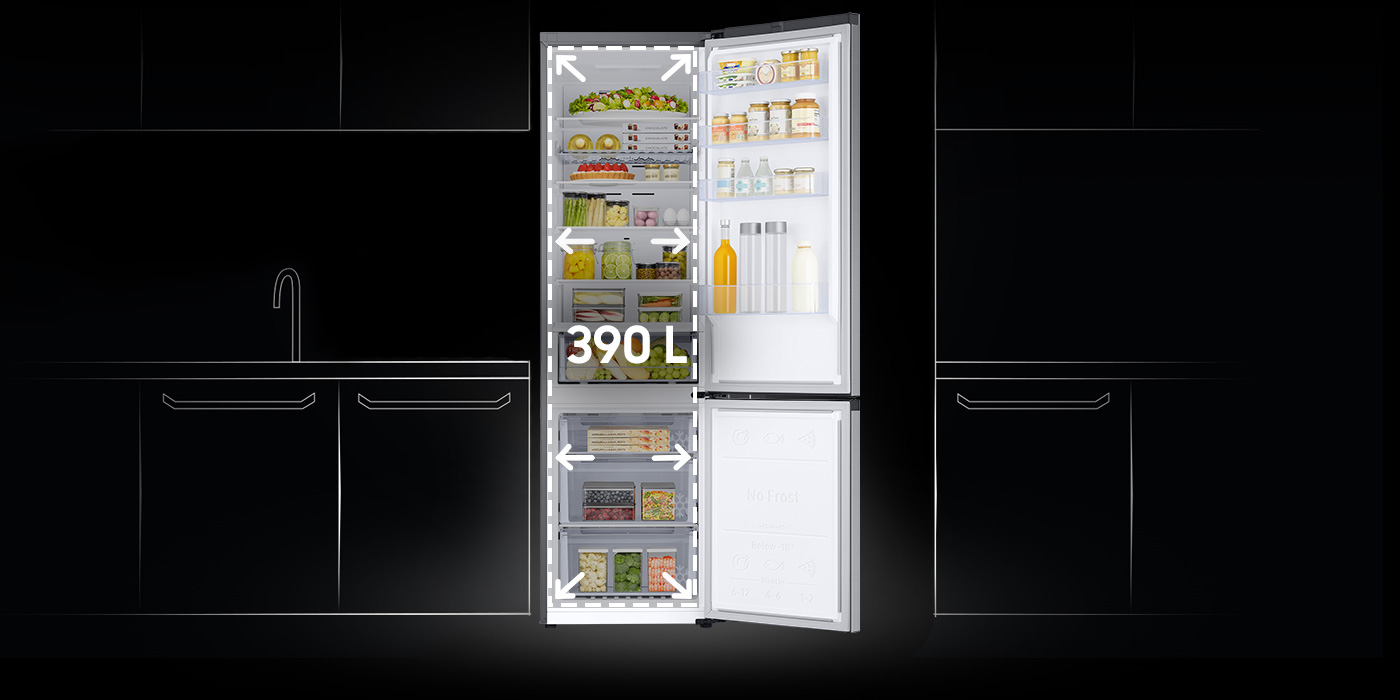 Pojemność lodówki Samsung Grand+ w technologii SpaceMax wynosi aż 390 litrów Pojemność lodówki Samsung Grand+ w technologii SpaceMax wynosi aż 390 litrów