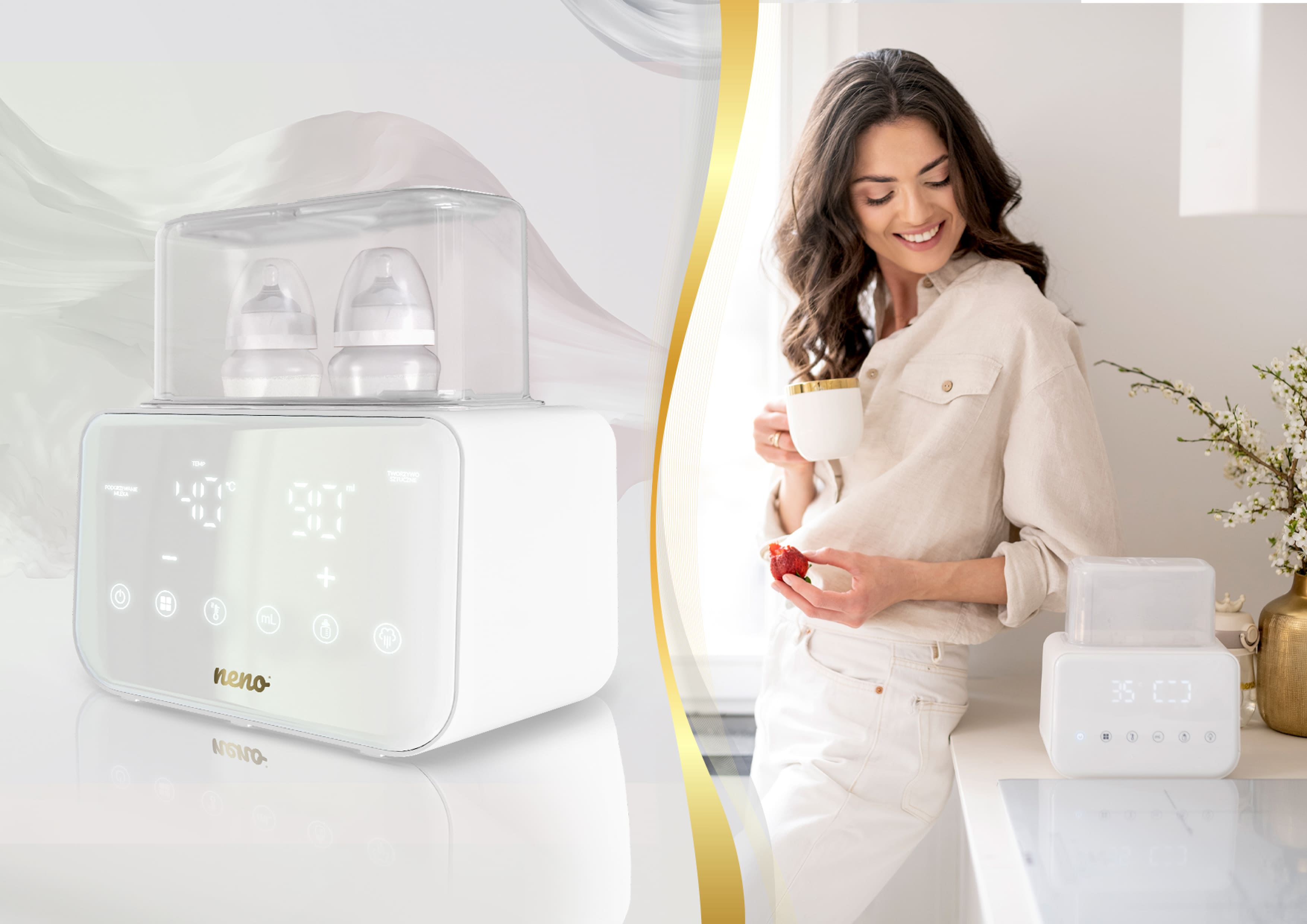 elegancki design Neno Vivo i w tle kobieta z kawą