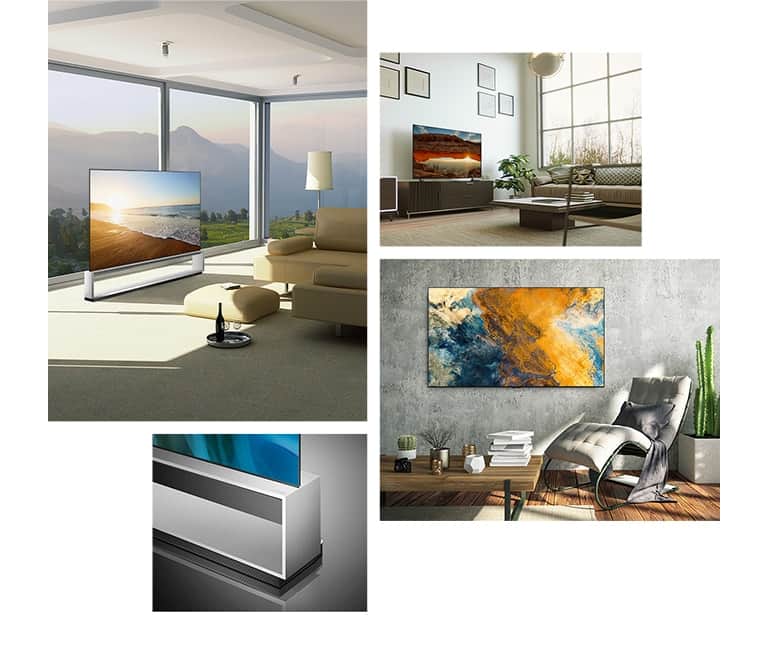 Telewizor LG OLED Z2 z podstawą Floor Stand stoi naprzeciwko dużego okna wyglądającego na pola i góry. Telewizor LG OLED Z2 stoi na podstawie w pokoju gościnnym w kolorach ziemi z roślinami i dopasowanymi ozdobami. Telewizor LG OLED Z2 wisi na szarej ścianie w pokoju gościnnym z nowoczesnym fotelem bujanym i kaktusami. Widok z boku podstawy Floor Stand telewizora LG OLED Z2.