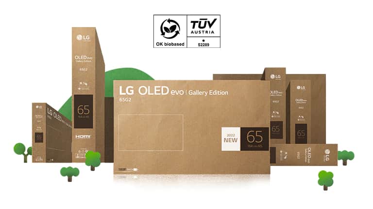 Ekologiczne opakowanie z kartonu telewizora LG OLED przedstawione wśród bujnych drzew i gór.