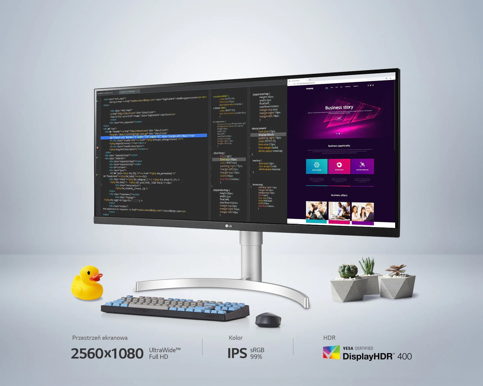Przestrzeń ekranowa: 2560x1080 / UltraWide™ Full HD Kolor: IPS / sRGB 99% HDR : VESA CERTIFIED / DisplayHDR™ 400
