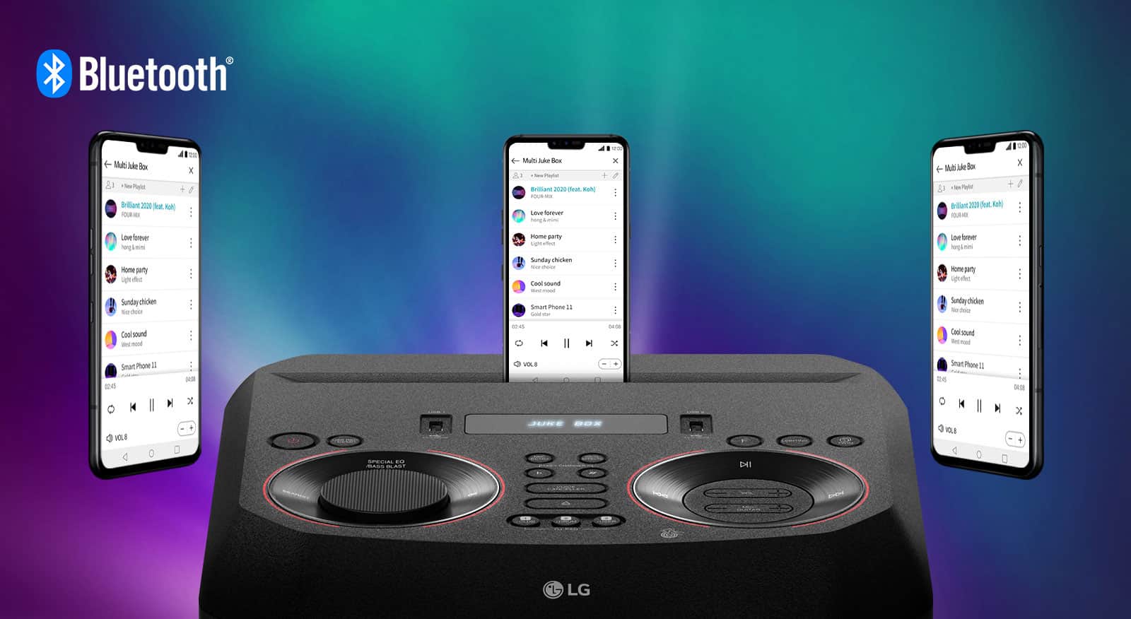 Głośnik LG XBOOM, na którym leży smartfon, a w pobliżu unoszą się dwa inne smartfony. W lewym górnym rogu znajduje się logo Bluetooth.