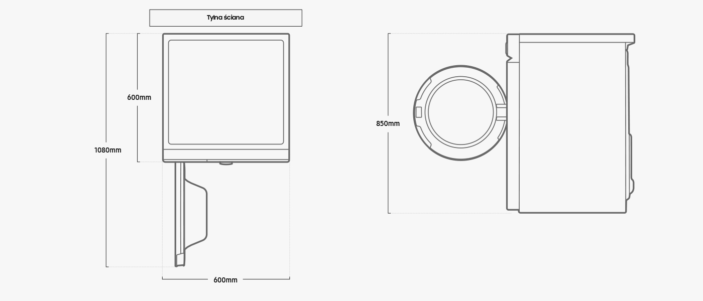 Wymiary suszarki Samsung DV90T6240LE/S6 Wymiary suszarki Samsung DV90T6240LE/S6