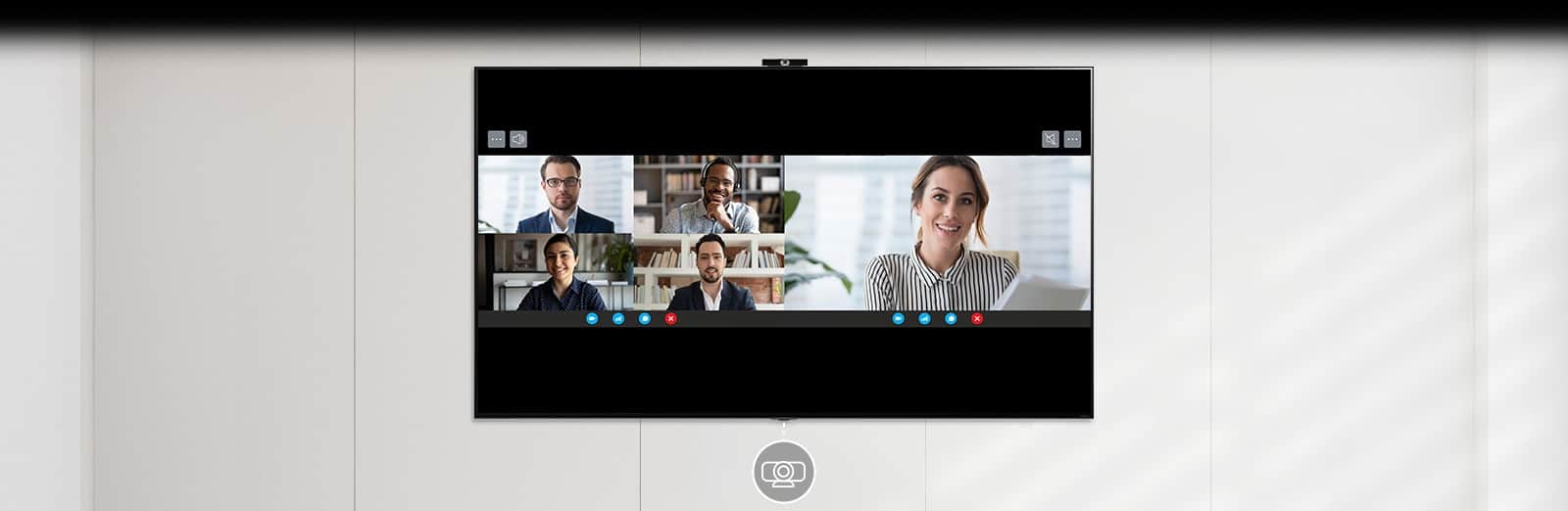 Trzy funkcje Multi View zostają rozwinięte i pokazane. W trybie Side by Side u dołu jest widoczny piktogram aparatu i są ukazane dwa ekrany podczas rozmowy wideo. W trybie Picture in Picture u dołu jest widoczny piktogram aparatu i widzę siebie podczas kopiowania ćwiczenia wideo. W końcu w trybie Dual Monitor jest widoczny piktogram i są pokazane dwa ekrany z dokumentami powiązane z komputerem.