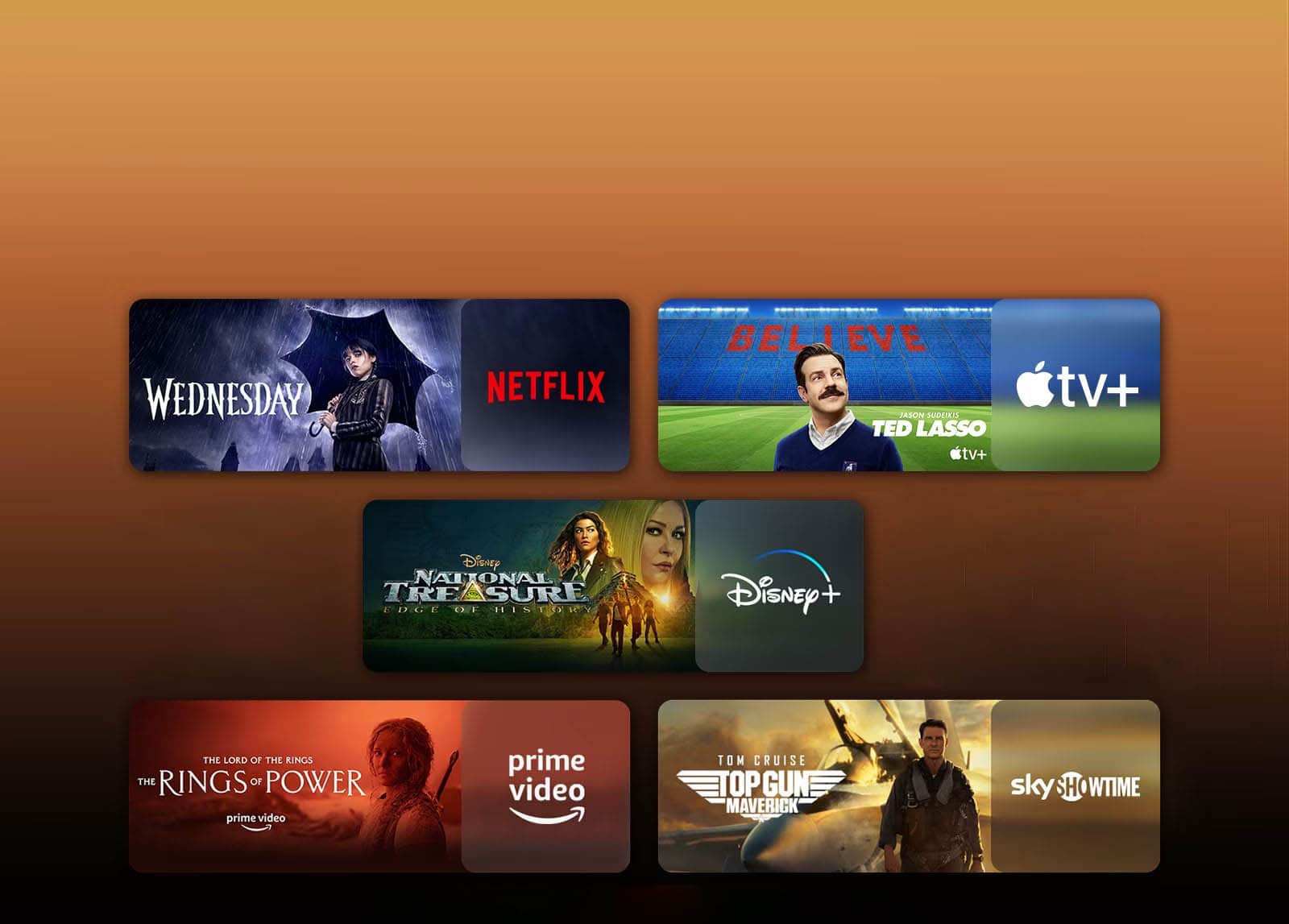 Logo platform streamingowych i odpowiadające im sceny obok nich. Są ukazane kadry z Wednesday z Netfliksa, TED LASSO z Apple TV, Tulsa King z Paramount+, Skarb narodów z Disney Plus, Pierścienie władzy z PRIME VIDEO, TOP GUN ze SkyShowtime.