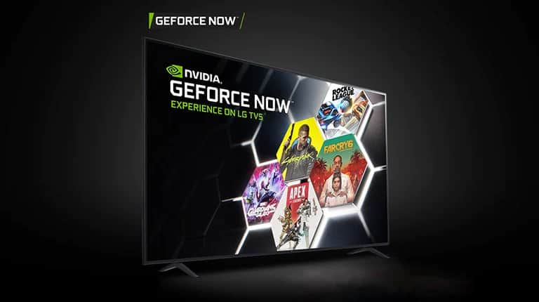 Obraz przedstawiający usługi GFORCE NOW i STADIA na dwóch telewizorach LG FHD, na których widać obraz z programów i gier.