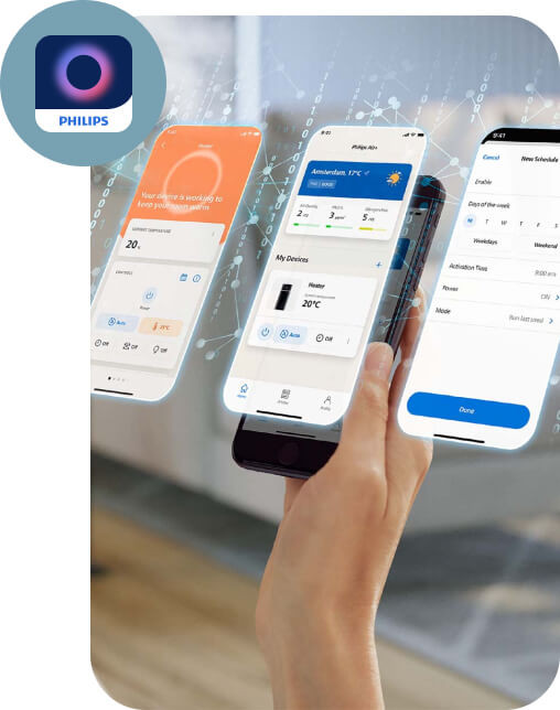 Sterowanie za pomocą aplikacji mobilnej Philips zapewnia wygodne użytkowanie grzejnika CX5120/11 Sterowanie za pomocą aplikacji mobilnej Philips zapewnia wygodne użytkowanie grzejnika CX5120/11