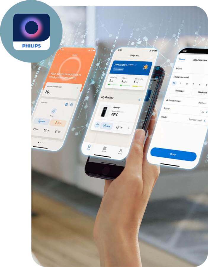 Sterowanie za pomocą aplikacji mobilnej Philips zapewnia wygodne użytkowanie grzejnika CX5120/11 Sterowanie za pomocą aplikacji mobilnej Philips zapewnia wygodne użytkowanie grzejnika CX5120/11