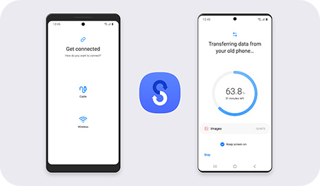 phpmm4ydj sm-a546-10-1-smart-switch 'Starsze urządzenie Galaxy znajduje się obok urządzenia Galaxy do wykonywania Smart Switch. Pomiędzy nimi znajduje się ikona Smart Switch. Stare urządzenie pokazuje, że jest połączone, natomiast nowe urządzenie pokazuje