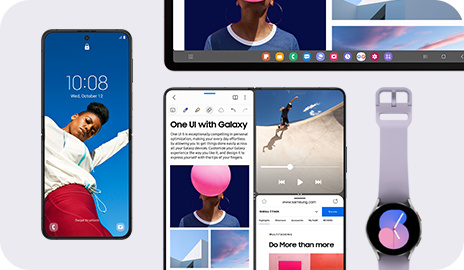 phptnfuii sm-a546-10-4-one-ui Galaxy Z Flip po lewej stronie ma tapetę i widżet zegara cyfrowego. Obok znajduje się ekran Galaxy Z Fold podzielony na trzy części. Nad nim widoczny jest pasek zadań Galaxy Tab. Galaxy Watch po prawej stronie ma włączoną tarczę zegarka.
