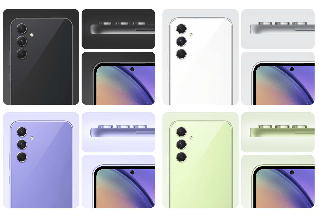 phpxcgh46 design Galaxy A54 5G, na zdjęciu wyeskponowany układ aparatu, widok z boku układu aparatu oraz przód urządzenia.