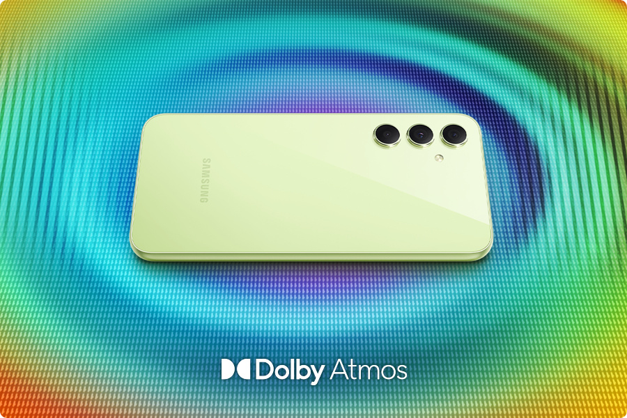 phpzxjifv sm-a546-09-3-sound Galaxy A54 5G pokazany tyłem, z telefonu emitowane są koncentryczne fale w dynamicznych kolorach. Na dole widoczne jest logo Dolby Atmos.