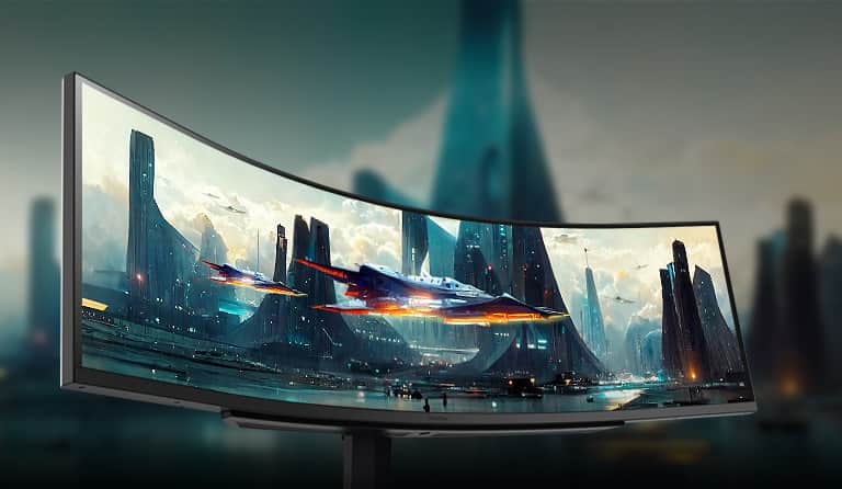49-calowy ultraszeroki wygięty monitor Dual QHD (5120 x 1440) o proporcjach 32:9 zapewnia znacznie więcej przestrzeni do wyświetlania obrazu gry.