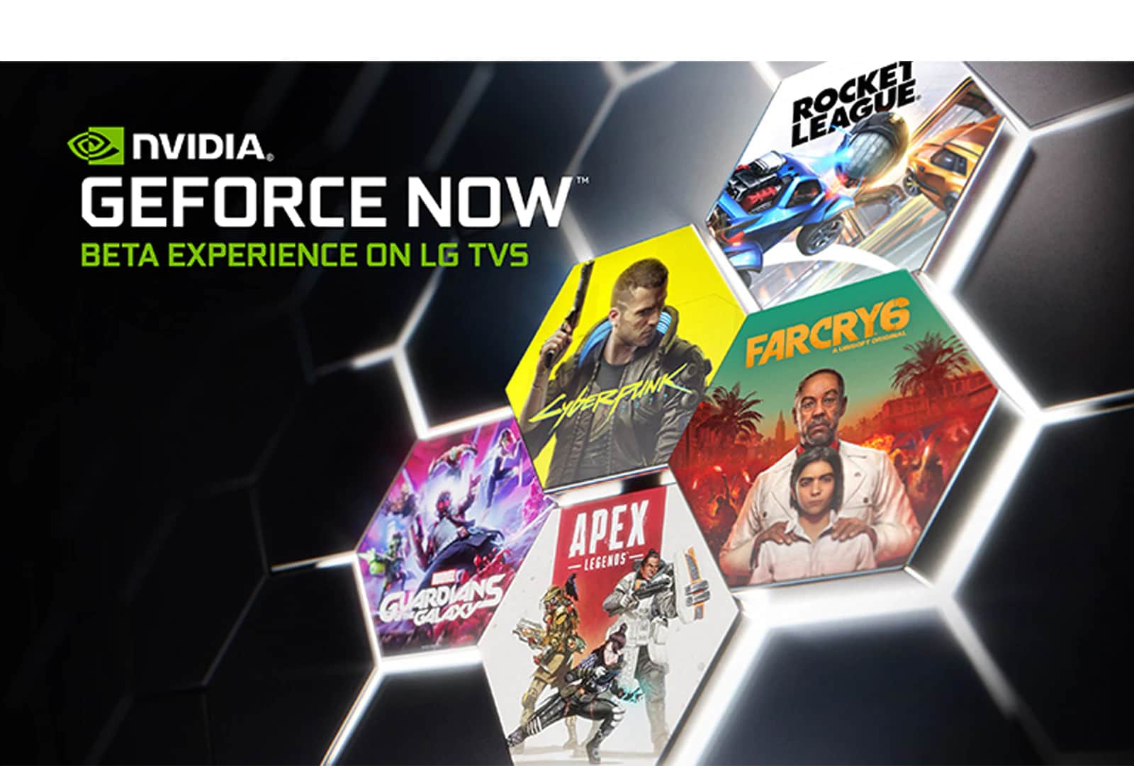Obraz przedstawiający logo GeForce Now na ciemnym tle. Pokazane są okładki i tytuły kilku popularnych gier.