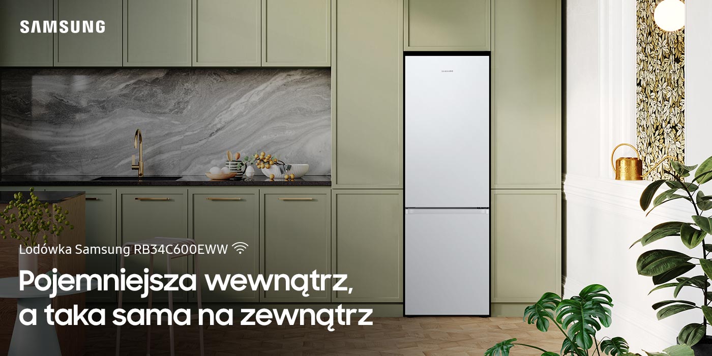 Biała lodówka Samsung Grand+ RB34C600EWW pokazana w nowoczesnym kuchennym wnętrzu Biała lodówka Samsung Grand+ RB34C600EWW pokazana w nowoczesnym kuchennym wnętrzu