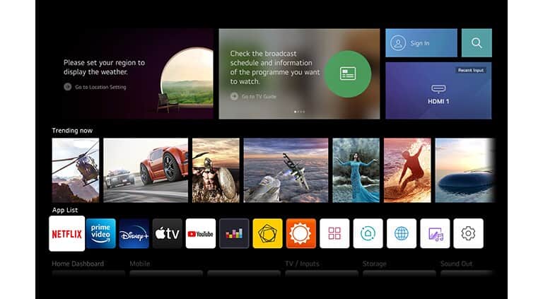 System webOS umożliwia połączenie z siecią Wi-Fi, aby uzyskać dostęp do treści wideo za pośrednictwem fabrycznie zainstalowanych aplikacji serwisów strumieniowych.