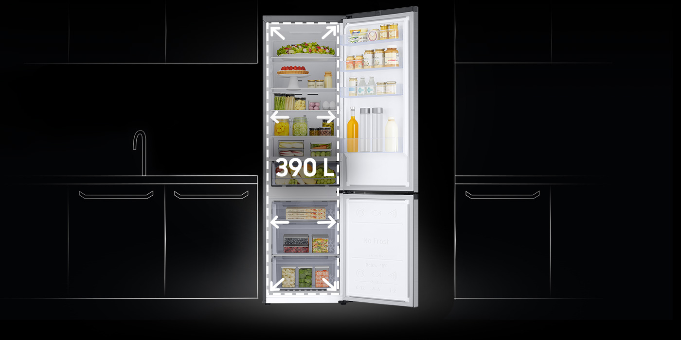 Pojemność lodówki Samsung Grand+ w technologii SpaceMax wynosi aż 390 litrów Pojemność lodówki Samsung Grand+ w technologii SpaceMax wynosi aż 390 litrów