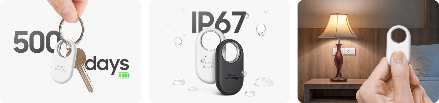 ei-t560002 easy-to-use pc Dłoń trzymająca biały lokalizator Samsung Galaxy SmartTag2 przypięty do klucza do drzwi. W tle zielona ikona naładowanej baterii oraz napis