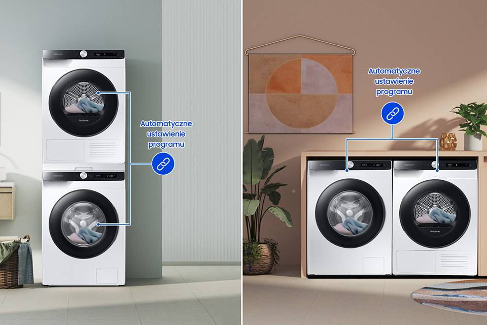 Rekomendacja cyklu suszenia Cztery pralki Samsung WW80T534DAEAS6 w dwóch pomieszczeniach