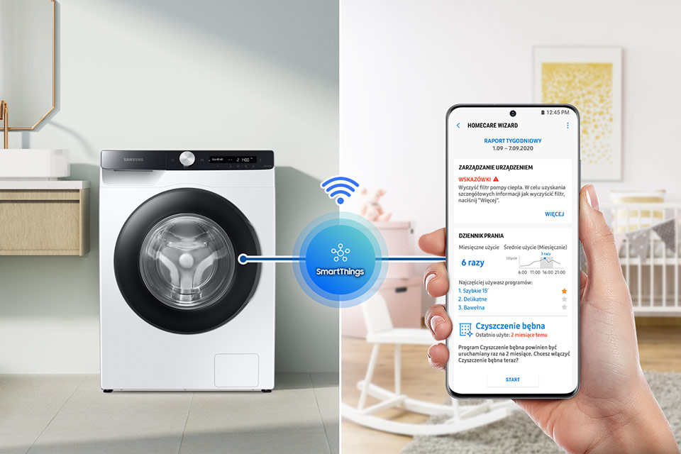 Możliwość zdalnego sterowania Pralka Samsung WW80T534DAEAS6 oraz wyświetlacz telefonu z uruchomioną aplikacją SmartThings