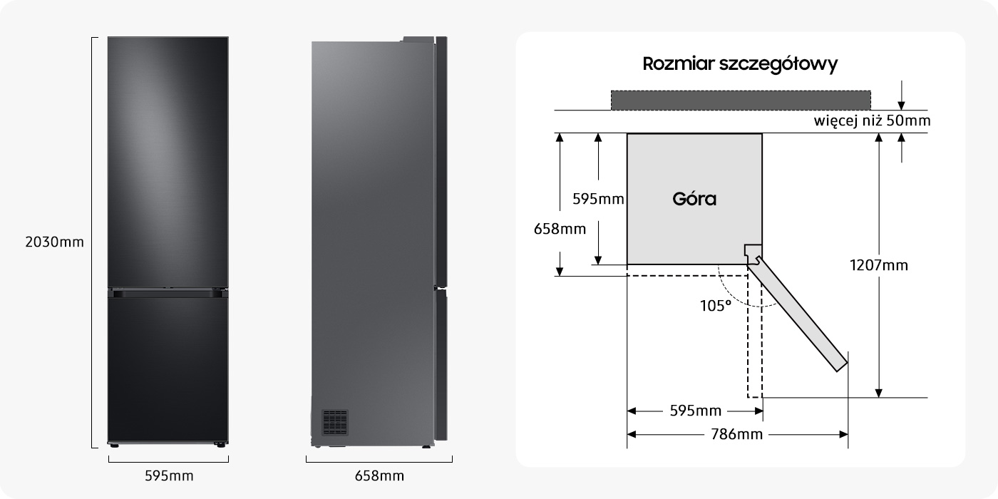 Lodówka z dolnym zamrażalnikiem Samsung RB38C7B6AB1 pokazana z frontu i z boku oraz informacja o jej wymiarach Lodówka z dolnym zamrażalnikiem Samsung RB38C7B6AB1 pokazana z frontu i z boku oraz informacja o jej wymiarach
