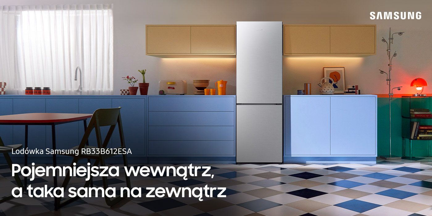Zdjęcie lodówki Samsung RB33B612ESA w nowoczesnej kuchni Zdjęcie lodówki Samsung RB33B612ESA w nowoczesnej kuchni