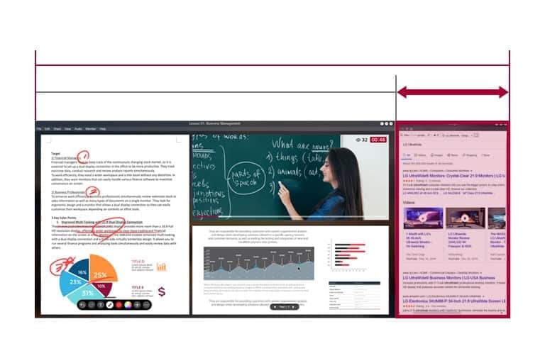 Większa przestrzeń ekranu UltraWide o proporcjach 21:9 w porównaniu do ekranu 16:9. Na ekranie widać trwające zajęcia online.