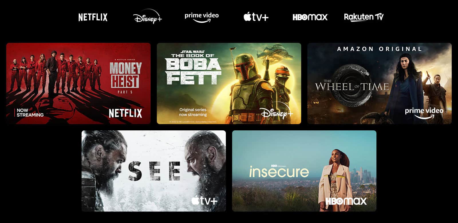 Plakaty z produkcji Dom z papieru z Netflix, Księga Boby Fetta z Disney Plus, Koło czasu z Prime Video, See z Apple TV Plus i Niepewne z HBO Max