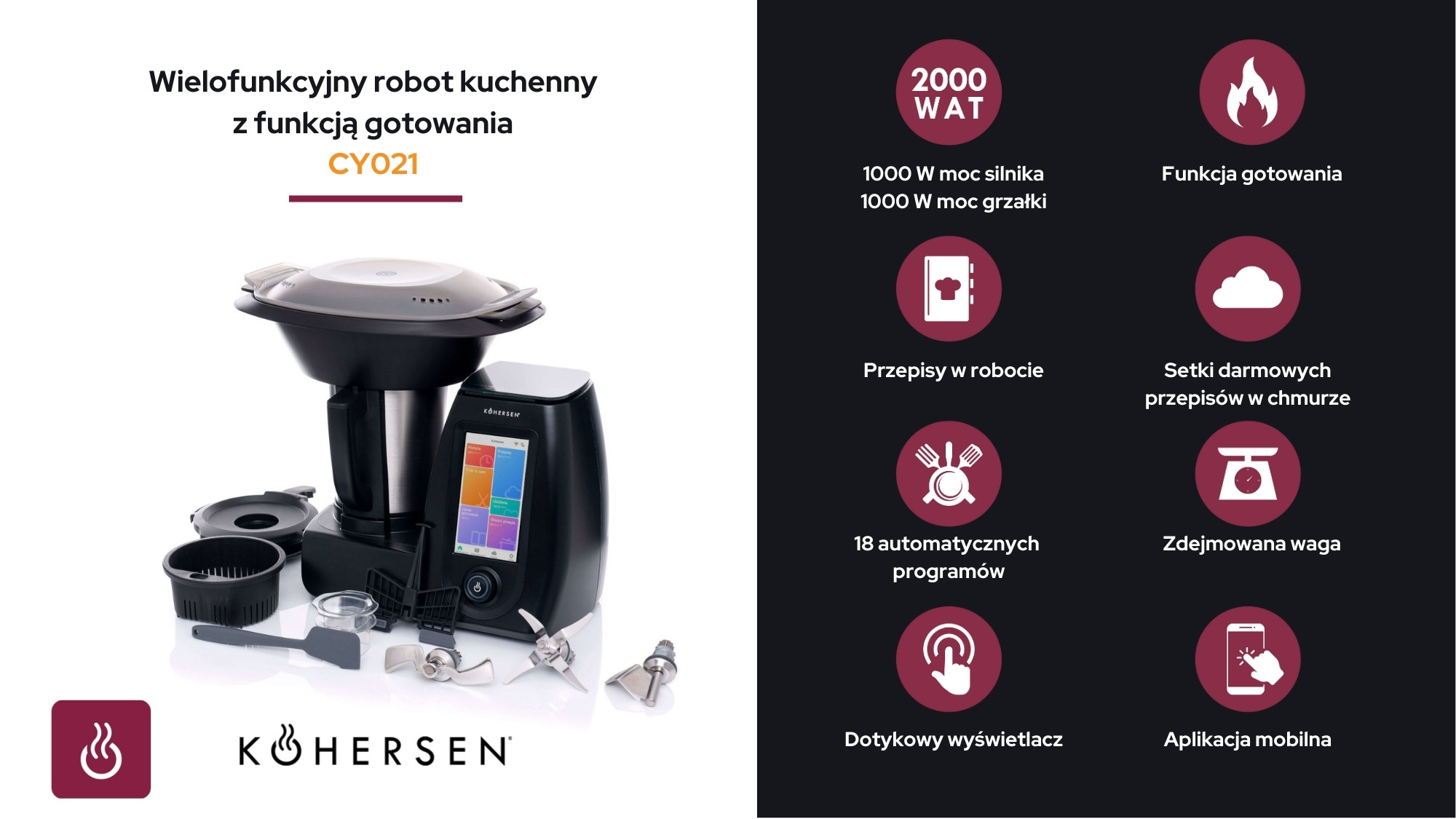Wielofunkcyjny robot kuchenny z funkcją gotowania Kohersen CY021 w kolorze czarnym