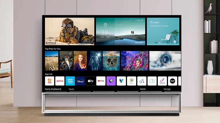 Ekran telewizora przedstawiający nowy ekran domowy ze spersonalizowaną treścią i kanałami