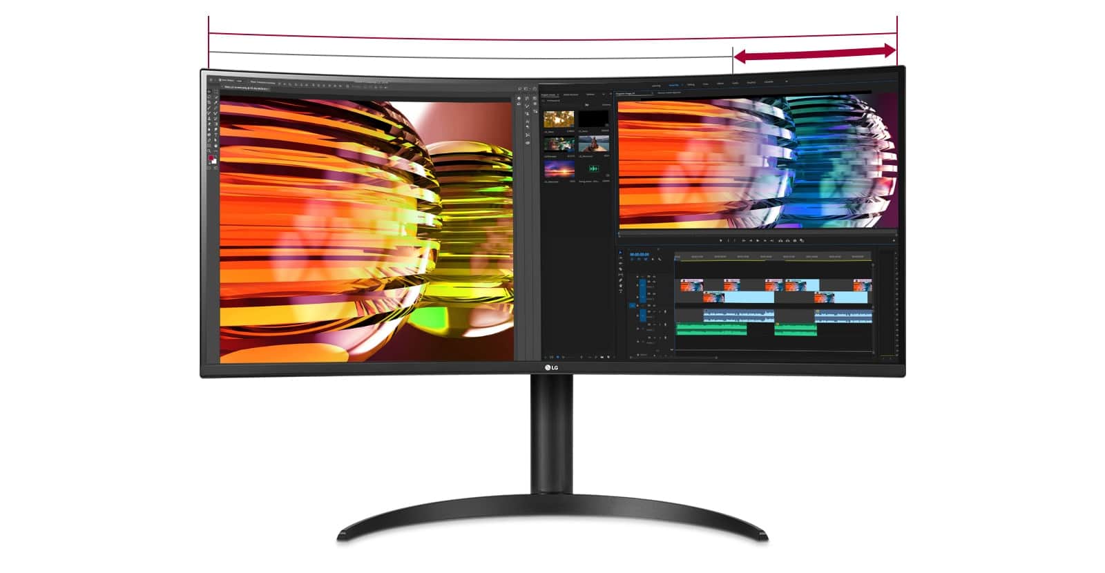 Ekran QHD o proporcjach obrazu 21:9 umożliwia oglądanie nagrań podczas edycji wideo oraz korzystanie z wtyczek audio i efektów.