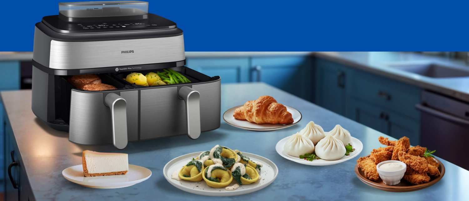 Pierwszy Airfryer z podwójnym koszem i funkcją gotowania na parze Pierwszy Airfryer z podwójnym koszem i funkcją gotowania na parze