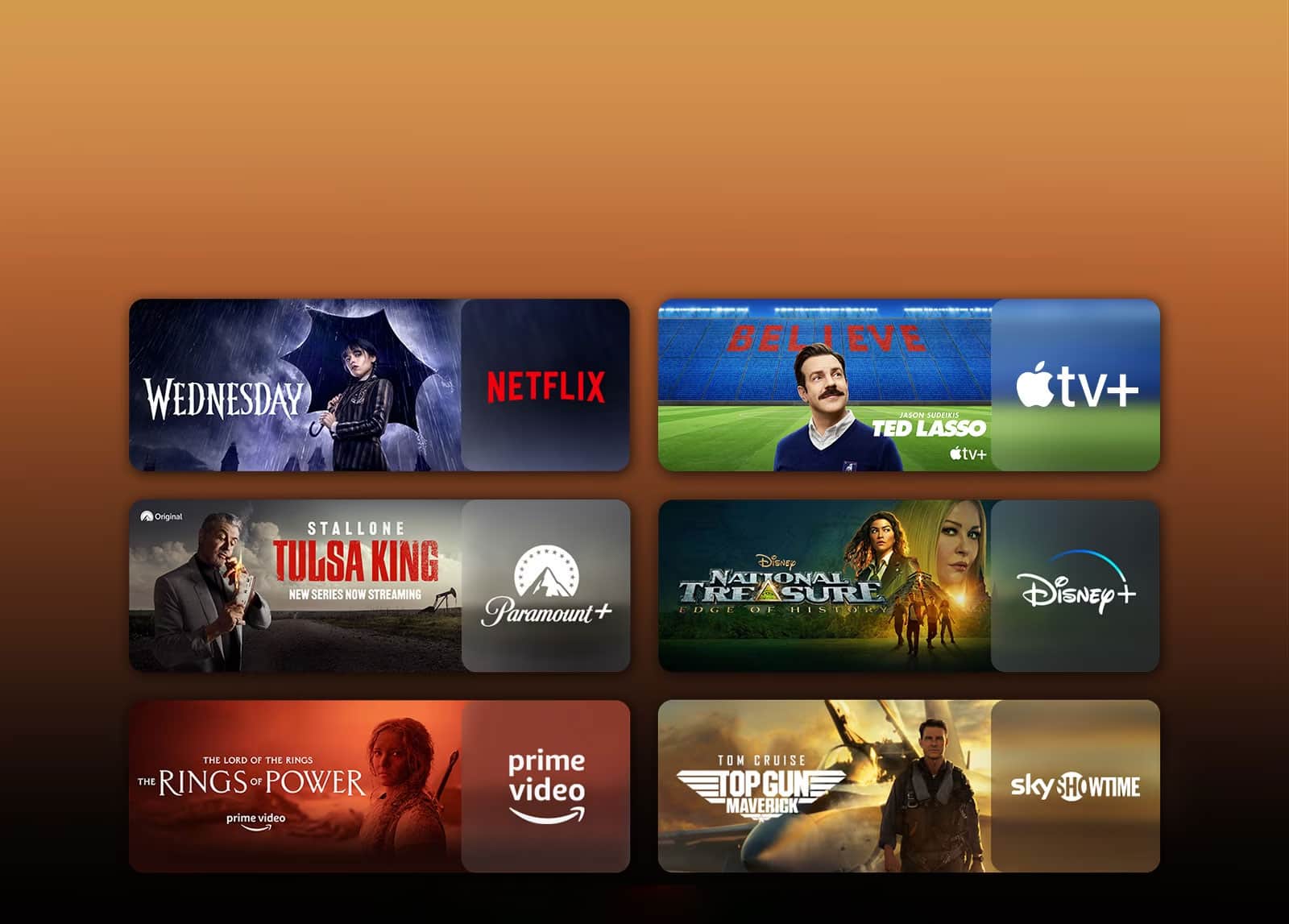 Logo platform streamingowych i odpowiadające im sceny obok nich. Są ukazane kadry z Wednesday z Netfliksa, TED LASSO z Apple TV, Tulsa King z Paramount+, Skarb narodów z Disney Plus, Pierścienie władzy z PRIME VIDEO, TOP GUN ze SkyShowtime.