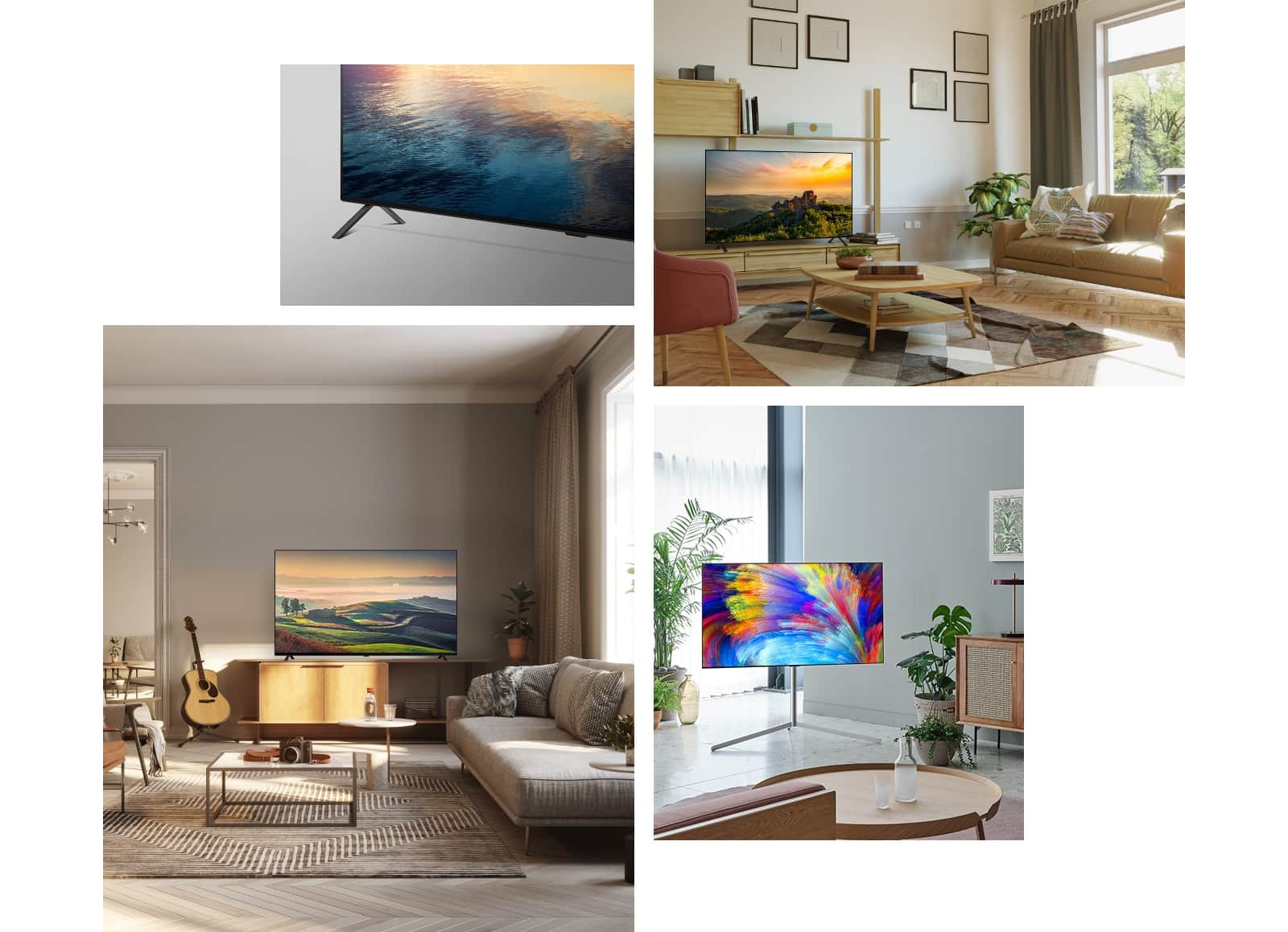 Widok z boku na nogi podstawy telewizora LG OLED A2. Telewizor LG OLED A2 stojący na drewnianym stojaku w neutralnym pokoju dziennym z roślinami i książkami. Telewizor LG OLED A2 z podstawką Gallery Stand znajduje się w rogu pokoju o miętowych ścianach z kilkoma roślinami. Telewizor LG OLED A2 stojący na drewnianym stojaku w neutralnym pokoju dziennym z gitarą, aparatem i roślinami.