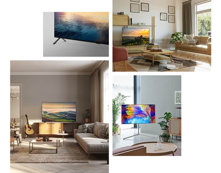 Widok z boku na nogi podstawy telewizora LG OLED A2. Telewizor LG OLED A2 stojący na drewnianym stojaku w neutralnym pokoju dziennym z roślinami i książkami. Telewizor LG OLED A2 z podstawką Gallery Stand znajduje się w rogu pokoju o miętowych ścianach z kilkoma roślinami. Telewizor LG OLED A2 stojący na drewnianym stojaku w neutralnym pokoju dziennym z gitarą, aparatem i roślinami.