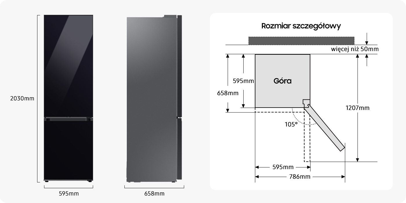 Rysunek techniczny pokazuje dokładne wymiary lodówki Samsung RB38C7B6A22 Rysunek techniczny pokazuje dokładne wymiary lodówki Samsung RB38C7B6A22