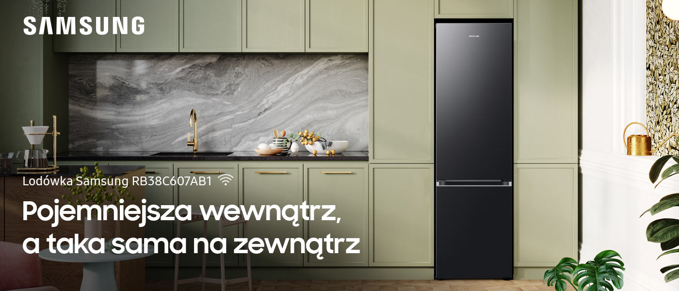 Lodówka Samsung RB38C607AB1 w ciemnozielonej kuchni Lodówka Samsung RB38C607AB1 w ciemnozielonej kuchni - zdjęcie
