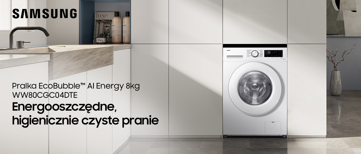 Biała pralka EcoBubble AI Energy marki Samsung w nowoczesnej pralni Biała pralka EcoBubble AI Energy WW80CGC04DTE marki Samsung w nowoczesnej pralni